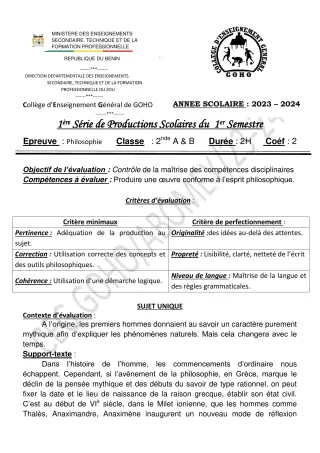 Première page de Philosophie 2nde A & B — 1re production scolaire, 1er semestre (2023-2024) · CEG GOHO