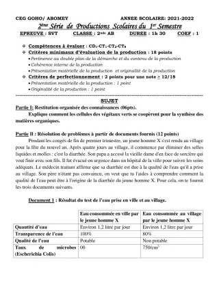 Première page de SVT 2nde A2 — 2e production scolaire, 1er semestre (2021-2022) · CEG GOHO