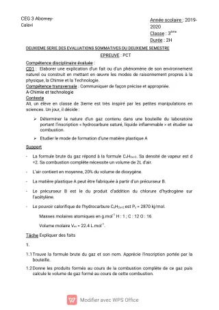Première page de PCT 3e — 2e évaluation sommative, 2e semestre (2019-2020) · CEG3 ABOMEY CALAVI