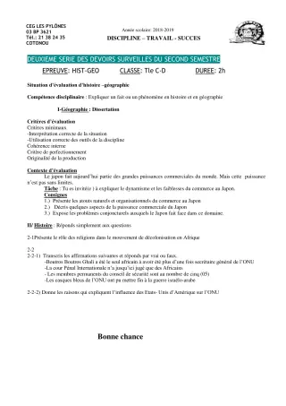 Première page de Histoire-Géographie 6e, 5e, 4e, 4e ML, 3e, 3e ML, 2nde A & B, 2nde C, 2nde D, 1ère A2, 1ère B, 1ère C, 1ère D, Tle C, Tle D — 2e devoir surveillé, 2e semestre (2018-2019) · CEG Les Pylônes