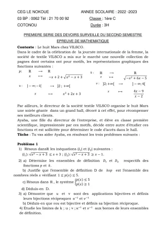 Première page de Mathématiques 1ère C — 1er devoir surveillé, 2e semestre (2022-2023) · CEG LE NOKOUE