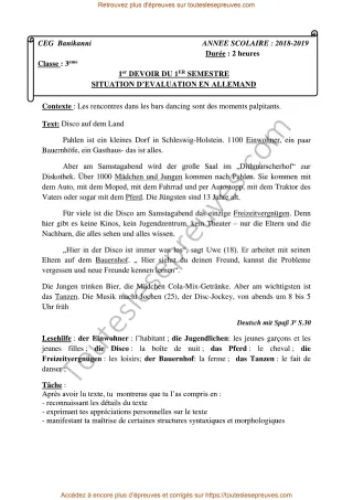Première page de Allemand 3ème – 1er semestre 2018-2019 – Sujet et corrigé du devoir (compréhension, grammaire et production écrite) – CEG Banikanni