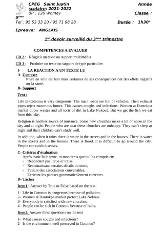 Première page de Anglais 5e — 1er devoir surveillé, 3e trimestre (2021-2022) · CPEG SAINT Justin