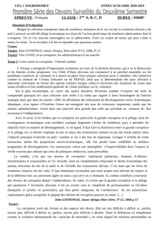 Première page de Français 6e, 5e, 4e, 4e ML, 3e, 3e ML, 2nde A & B, 2nde C, 2nde D, 1ère A & B, 1ère C, 1ère D, Tle A & B, Tle C, Tle D — 1er devoir surveillé, 2e semestre (2018-2019) · CEG 1 ZOGBODOMEY