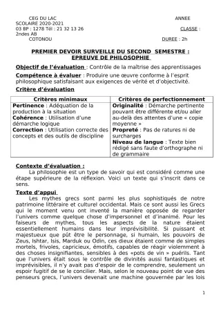 Première page de Philosophie 2nde A, 2nde B — 1er devoir surveillé, 2e semestre (2020-2021) · CEG du Lac