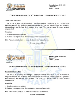 Première page de Français 4e, 4e ML — 1er devoir surveillé, 3e trimestre (2019-2020) · CPEG LE PHARAON