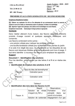 Première page de PCT 3e — 1re évaluation sommative, 2e semestre (2018-2019) · CEG Le Plateau