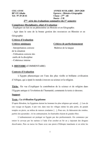 Première page de Histoire-Géographie 2nde A & B — 2e évaluation sommative, 1er semestre (2019-2020) · CEG AYOU
