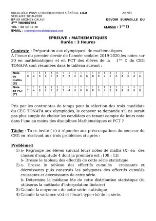 Première page de Mathématiques 1ère D — Devoir surveillé, 2e trimestre (2019-2020) · CPEG LICA