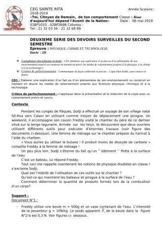 Première page de PCT 4e ML&MC — 2e devoir surveillé, 2e semestre (2018-2019) · CEG Sainte Rita