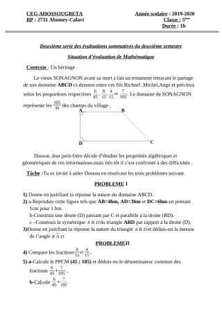 Première page de Mathématiques 5e — 2e évaluation sommative, 2e semestre (2019-2020) · CEG Ahossougbéta