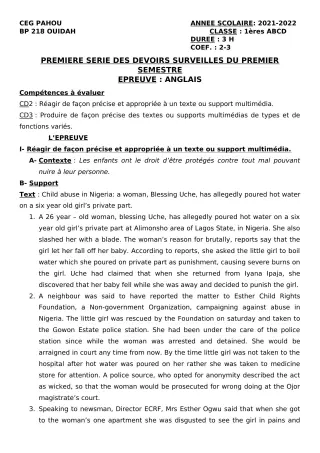 Première page de Anglais 1ère A1, 1ère A2, 1ère B, 1ère C, 1ère D — 1er devoir surveillé, 1er semestre (2021-2022) · CEG PAHOU