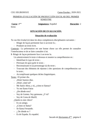 Première page de Espagnol 4e ML, 3e ML, 2nde B, 1ère A & B, 1ère A2, 1ère B, Tle A & B, Tle A1, Tle A2, Tle B — 2020-2021 · CEG SEGBOHOUE