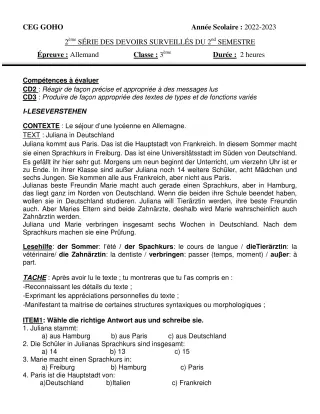 Première page de Allemand 3e — 2e devoir surveillé, 2e semestre (2022-2023) · CEG GOHO