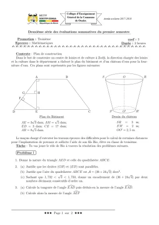Première page de Mathématiques 3e, 3e ML — 2e évaluation sommative, 1er semestre (2017-2018) · CEG C.P de Dompago