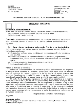 Première page de Espagnol 2nde A & B — 2e devoir surveillé, 2e semestre (2019-2020) · CEG Tankpè