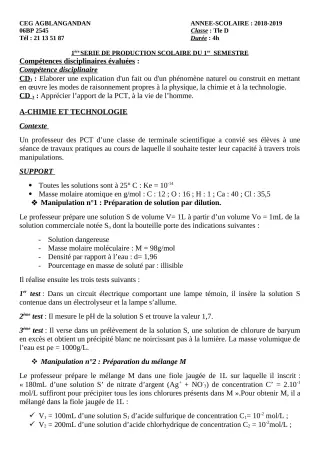 Première page de PCT Tle D — 1re production scolaire, 1er semestre (2018-2019) · CEG AGBLANGANDAN