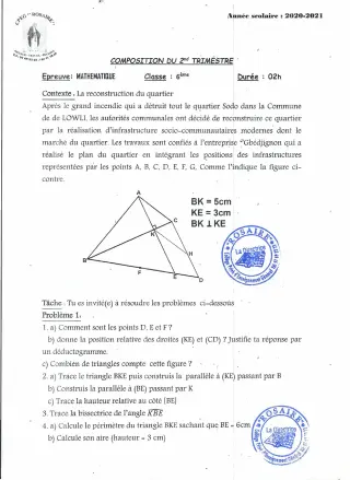 Première page de Mathématiques 6e — 1re composition (2020-2021) · CPEG ROSAIRE