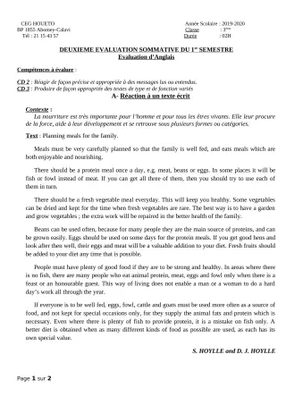 Première page de Anglais 3e, 3e ML — 2e évaluation sommative, 1er semestre (2019-2020) · CEG HOUETO