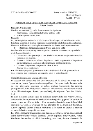 Première page de Espagnol 2nde A & B — 1er devoir surveillé, 2e semestre (2018-2019) · CEG Agassa Godomey