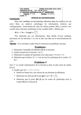 Première page de Mathématiques Tle A1, Tle A2 — 1er devoir surveillé, 1er semestre (2021-2022) · CEG ZONGO
