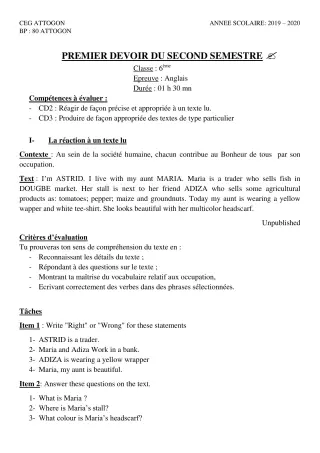 Première page de Anglais 6e — 1er devoir surveillé, 2e semestre (2019-2020) · CEG Attogon