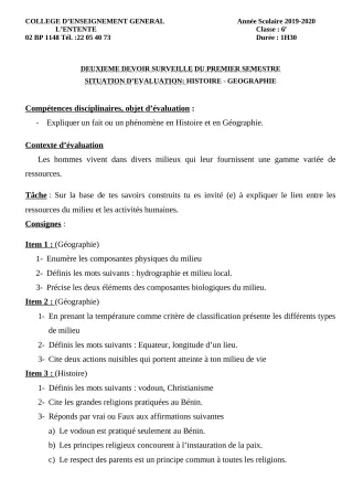 Première page de Histoire-Géographie 6e — 2e devoir surveillé, 1er semestre (2019-2020) · CEG L'Entente