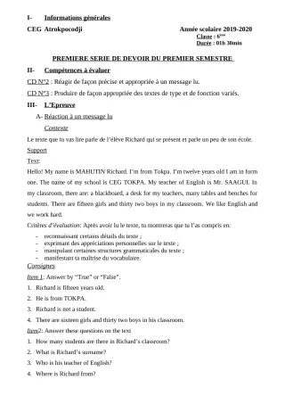 Première page de Anglais 6e — 1er devoir surveillé, 1er semestre (2019-2020) · CEG ATROKPOCODJI