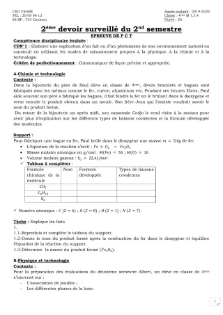 Première page de PCT 4e — 2e devoir surveillé, 2e semestre (2019-2020) · CEG Yagbe