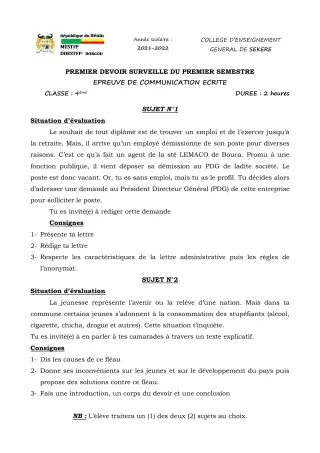 Première page de Français 4e — 1er devoir surveillé, 1er semestre (2021-2022) · CEG SEKERE