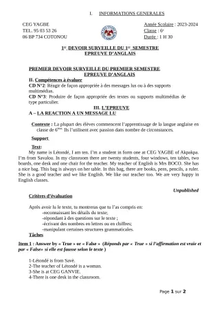 Première page de Anglais 6e — 1er devoir surveillé, 1er semestre (2023-2024) · CEG Yagbe