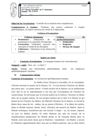 Première page de Philosophie Tle C, Tle D — 2e devoir surveillé, 1er semestre (2019-2020) · CEG 1 Akpakpa-Centre