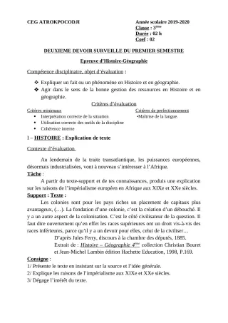 Première page de Histoire-Géographie 3e, 3e ML — 2e devoir surveillé, 1er semestre (2019-2020) · CEG ATROKPOCODJI
