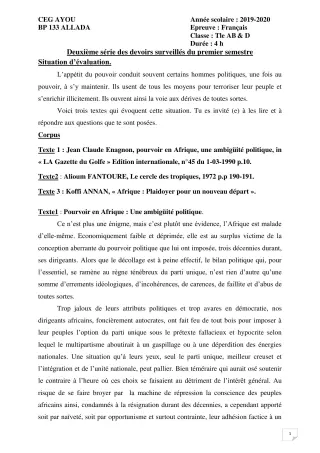 Première page de Français Tle A & B, Tle D — 2e devoir surveillé, 1er semestre (2019-2020) · CEG AYOU