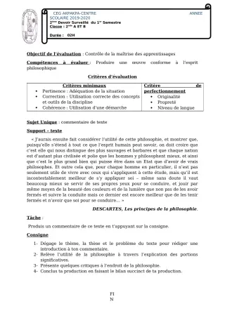 Première page de Philosophie 2nde A1, 2nde A2, 2nde B — 2e devoir surveillé, 1er semestre (2019-2020) · CEG 1 Akpakpa-Centre