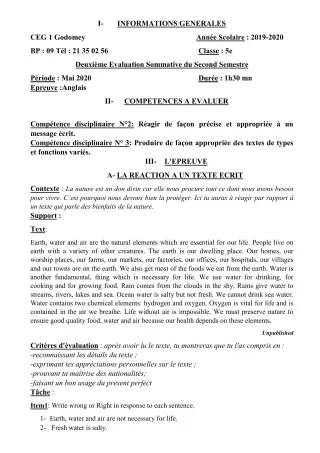 Première page de Anglais 5e — 2e évaluation sommative, 2e semestre (2019-2020) · CEG1 GODOMEY