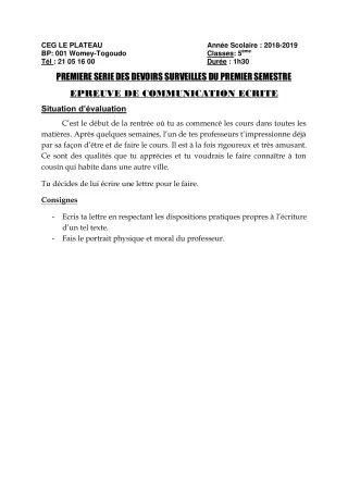 Première page de Français 5e — 1er devoir surveillé, 1er semestre (2018-2019) · CEG Le Plateau