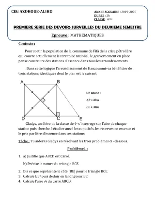 Première page de Mathématiques 4e ML — 1er devoir surveillé, 2e semestre (2019-2020) · CEG AZOHOUE-ALIHO