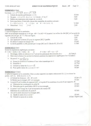 Première page de Épreuve BEPC 2021 mathématiques Togo
