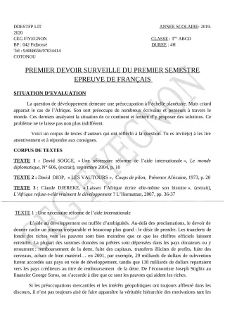 Première page de Français Tle C, Tle D — 1er devoir surveillé, 1er semestre (2019-2020) · CEG FIYEGNON