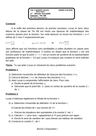 Première page de Mathématiques Tle B — 1er devoir surveillé, 1er semestre (2022-2023) · CEG2 ABOMEY - CALAVI (CEG ZOCA)