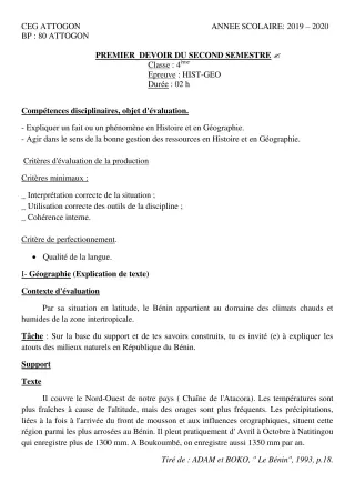 Première page de Histoire-Géographie 4e, 4e ML — 1er devoir surveillé, 2e semestre (2019-2020) · CEG Attogon