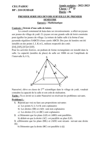 Première page de Mathématiques 2nde D — 1er devoir surveillé, 1er semestre (2022-2023) · CEG PAHOU