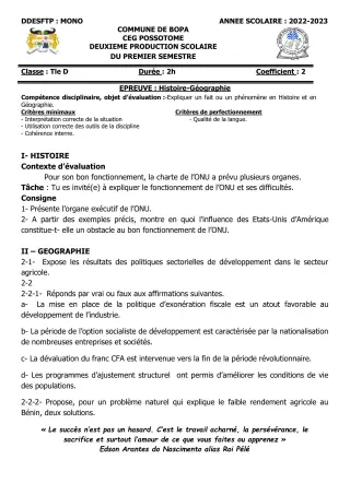 Première page de Histoire-Géographie Tle D — 2e production scolaire, 1er semestre (2022-2023) · CEG POSSOTOME