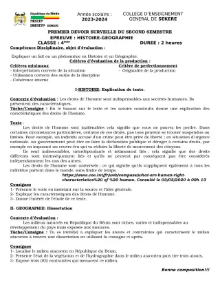 Première page de Histoire-Géographie 4e — 1er devoir surveillé, 2e semestre (2023-2024) · CEG SEKERE