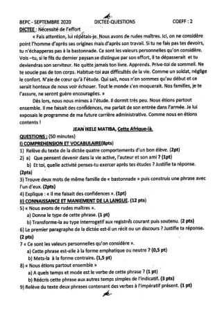 Première page de Épreuve BEPC 2020 dictée questions Togo