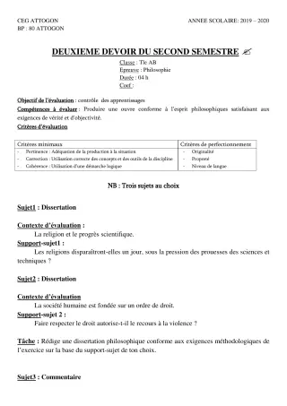 Première page de Philosophie Tle A & B, Tle A1, Tle A2, Tle B — 2e devoir surveillé, 2e semestre (2019-2020) · CEG Attogon