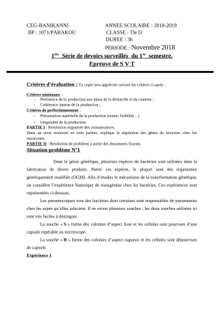 Première page de SVT 1ère A2, 1ère B, Tle C, Tle D — 1er devoir surveillé, 1er semestre (2018-2019) · CEG Banikanni