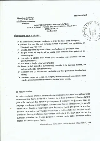 Première page de Épreuve BFEM 2019 dictée, Sénégal