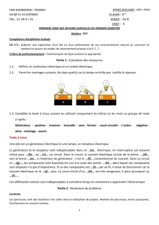 Première page de PCT 6e — 1er devoir surveillé, 1er semestre (2021-2022) · CEG Kouhounou-Vêdoko